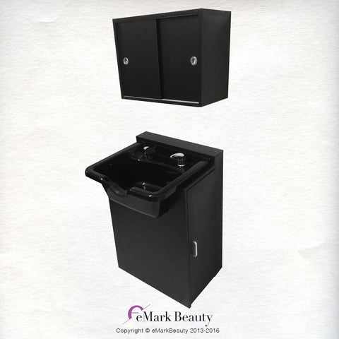eMark Beauty Extra Wide 22 inches Black ABS Plastic Shampoo Bowl with Floor 24 inch Wide Cabinet & 24inch Upper Towel Cabinet Home or Salon UseTLC-B22FC-TC