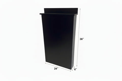 Black rectangular box with dimensions on a white background