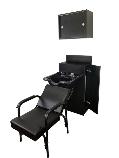 eMarkBeauty ABS Plastic Extra Wide Shampoo Bowl Mounted on Cabinet with Storage, Upper Towel Cabinet, and Reclining Shampoo Chair TLC-B22-BC42-216-TC