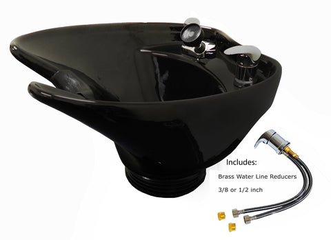 Tilting Shampoo Bowl Black Ceramic on Cabinet With Reclining Shampoo Chair TLC-B35-TC-216
