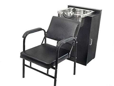 Professional Brushed Stainless Steel Shampoo Bowl Station with Floor Cabinet & Auto-Reclining Chair - Complete Salon Package