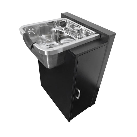 Professional Brushed Stainless Steel Shampoo Bowl Station with Floor Cabinet & Auto-Reclining Chair - Complete Salon Package