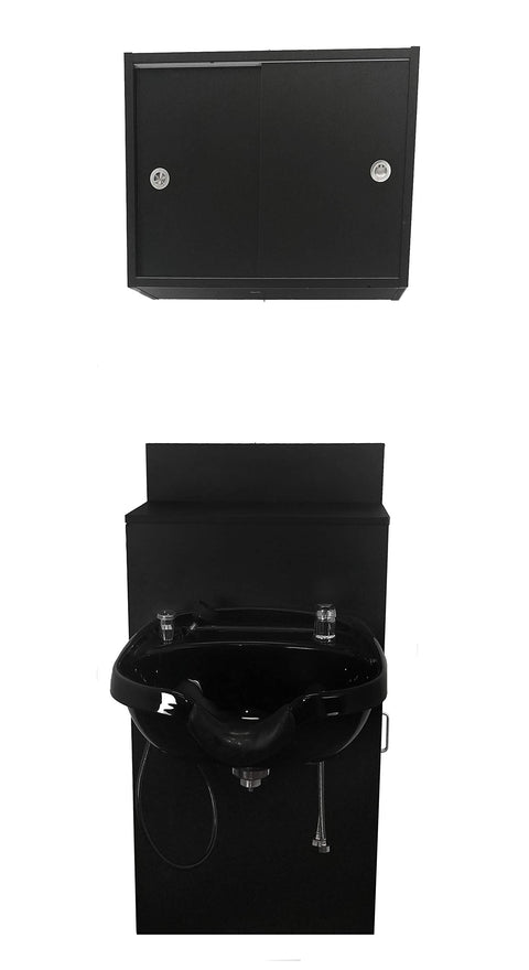 eMarkBeauty Round Backwash Salon ABS Plastic Shampoo Bowl Mounted on Storage Cabinet with Upper Towel Cabinet TLC-B12-BC42-TC