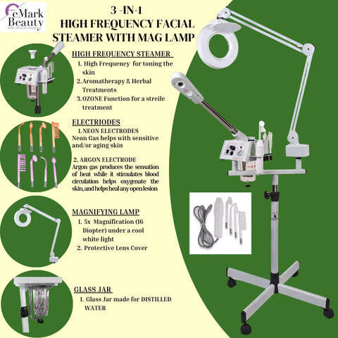 3 in 1 facial steamer with glass jar, high frequency, and magnifying lamp all on a mobile stand