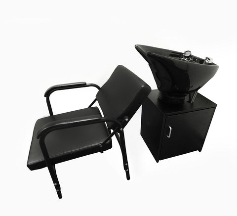 Tilting Shampoo Bowl Black Ceramic on Cabinet With Reclining Shampoo Chair TLC-B35-TC-216