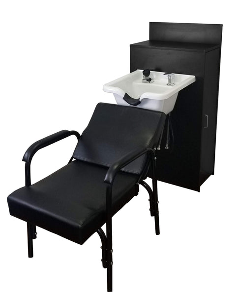 White ABS Plastic Shampoo Bowl with Large Storage Cabinet & Auto-Reclining Chair - Clean Salon Station