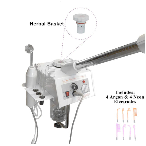 3 in 1 facial steamer with glass jar, high frequency, and magnifying lamp all on a mobile stand