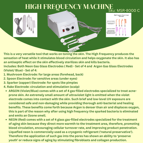 High-Frequency Skin Rejuvenation Machine with Neon & Argon Glass Electrodes (Mushroom, Spoon, Sparker & Rake) 8000C