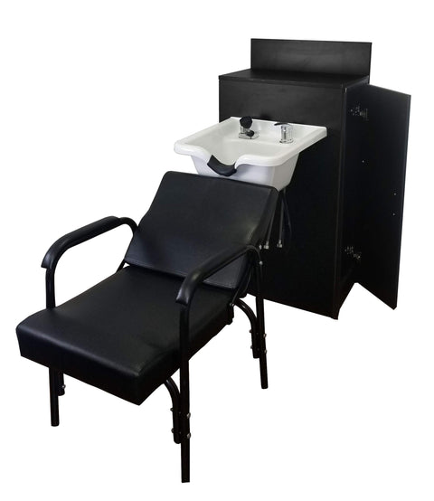 White ABS Plastic Shampoo Bowl with Large Storage Cabinet & Auto-Reclining Chair - Clean Salon Station