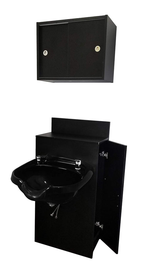 eMarkBeauty Round Backwash Salon ABS Plastic Shampoo Bowl Mounted on Storage Cabinet with Upper Towel Cabinet TLC-B12-BC42-TC
