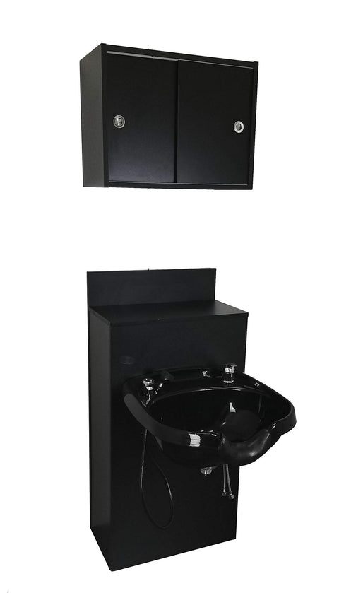 eMarkBeauty Round Backwash Salon ABS Plastic Shampoo Bowl Mounted on Storage Cabinet with Upper Towel Cabinet TLC-B12-BC42-TC