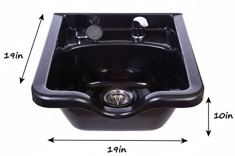 Black sink with dimensions labeled on a white background