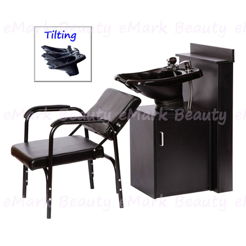 ABS Plastic Tilting Shampoo Bowl on Cabinet with Auto-Reclining Chair - Ergonomic Salon Station Package