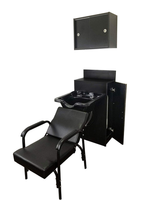 Extra Wide ABS Plastic Shampoo Bowl Station with Cabinet, Upper Towel Cabinet & Auto-Reclining Chair - Complete Salon Package