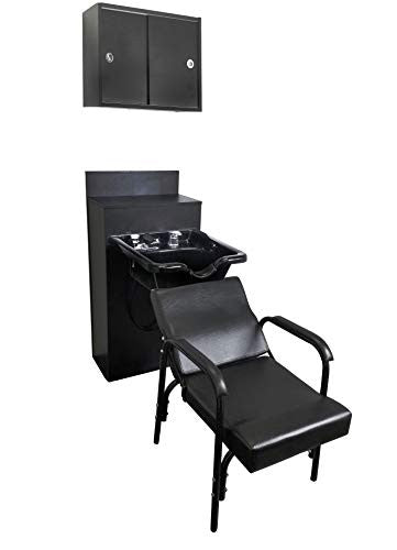 Extra Wide ABS Plastic Shampoo Bowl Station with Cabinet, Upper Towel Cabinet & Auto-Reclining Chair - Complete Salon Package
