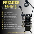 A promotional graphic for a black 14-in-1 facial machine utility cart, featuring a large magnifying lamp, steam function, microdermabrasion, galvanic, brush, scrubber, towel warmer, and sterilizer compartments on a gray gradient background with yellow text and checkmarks.
