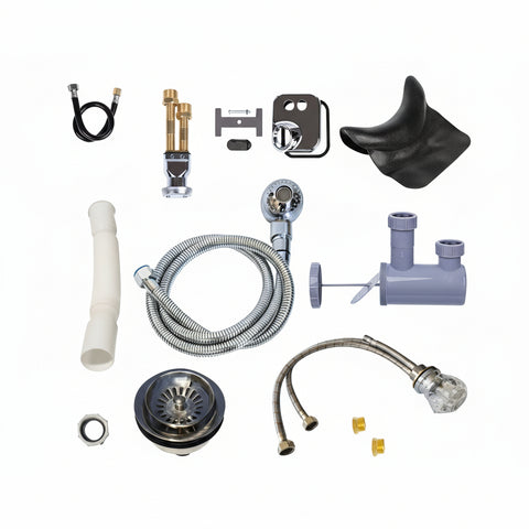 Collection of plumbing parts including a connecting hose, brass water line reducers, and other components on a white background.