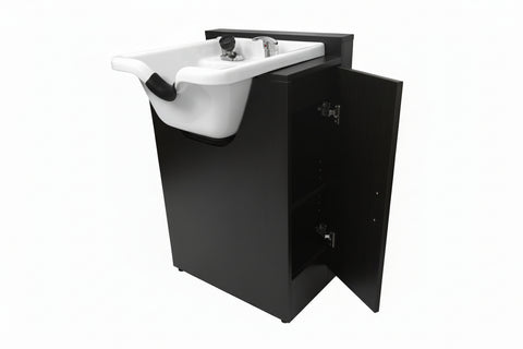White ABS Plastic Shampoo Bowl with Floor Cabinet, Towel Warmer & Auto-Reclining Chair - Complete Salon Package