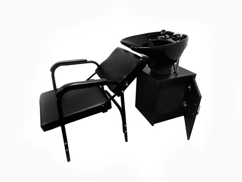 Tilting Shampoo Bowl Black Ceramic on Cabinet With Reclining Shampoo Chair TLC-B35-TC-216