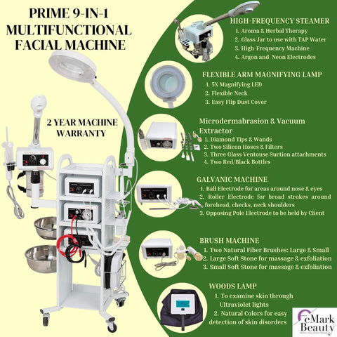 Prime 9-in-1 Facial Machine with High Frequency, Aromatherapy Herbal Steamer, Microdermabrasion with Vacuum Spray, and Brush Machine