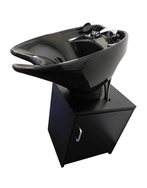 Tilting Shampoo Bowl Black Ceramic on Cabinet With Reclining Shampoo Chair TLC-B35-TC-216