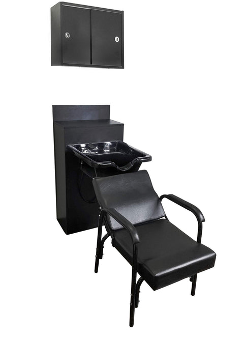 eMarkBeauty ABS Plastic Extra Wide Shampoo Bowl Mounted on Cabinet with Storage, Upper Towel Cabinet, and Reclining Shampoo Chair TLC-B22-BC42-216-TC