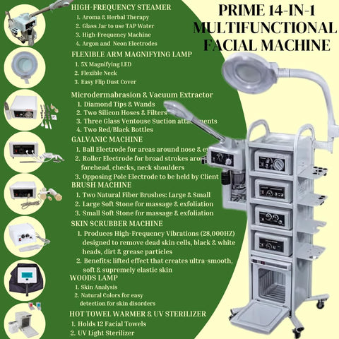 Prime 14 in 1 High Frequency Aromatherapy Steamer, Galvanic, Brush Massager, Vacuum Extractor, Diffuser and Hot Towel Warmer