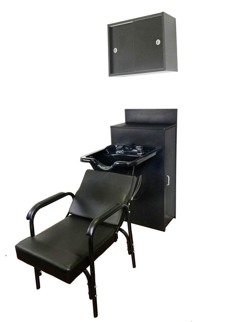 eMarkBeauty ABS Plastic Extra Wide Shampoo Bowl Mounted on Cabinet with Storage, Upper Towel Cabinet, and Reclining Shampoo Chair TLC-B22-BC42-216-TC